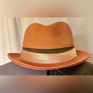Goorin Bros Fedora Hat Medium Pink & Raffia Stripe Summer Trilby Satin Band